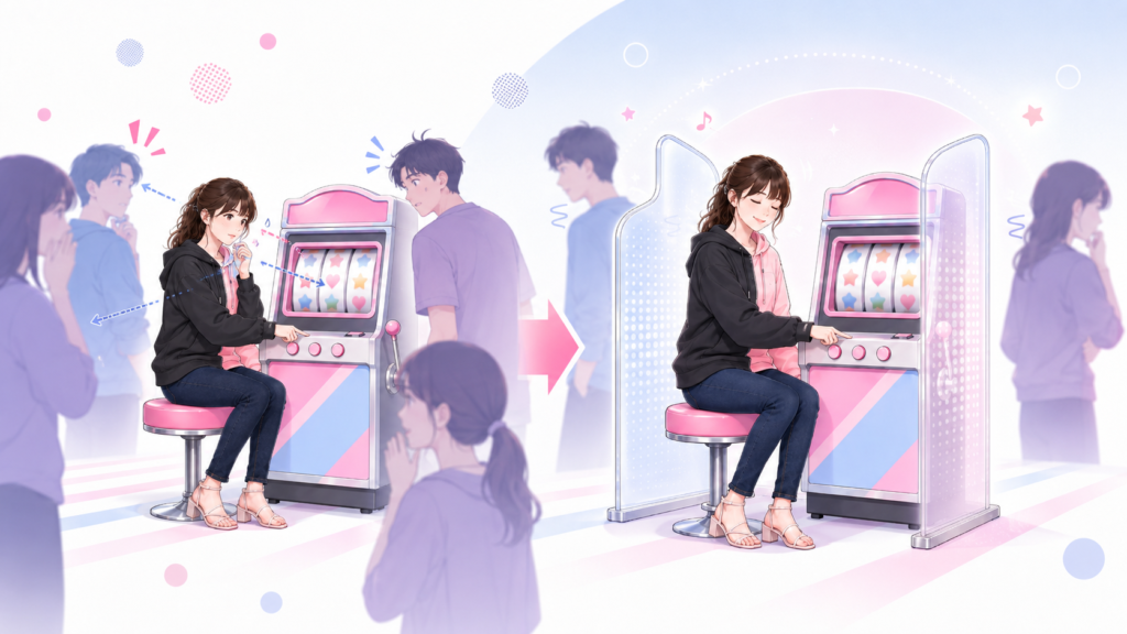 隣席からの視線をやわらかく遮るパチスロ台の機能イメージ